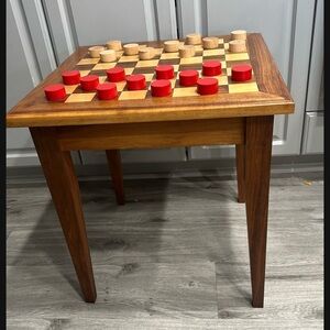 High School Wood Shop Project Checker Game Table, Red & Natural Pieces, Vtg